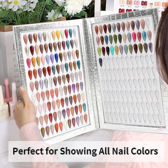216 Nail Colors Book, Nail Display Chart Book with 240 Nail Tips & 1-300 Number Labels, Professional Nail Color Swatches Book for Nail Polish UV Gel Salon (Silver, Size 01)
