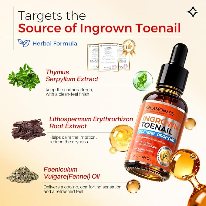 Ingrown Toenail Relief Kit: Professional 3-7 Day At-Home Ingrown Toenail Removal Drops With Ingrown Toenail Lifter & Self-Adhesive Bandage For Men Women, 30ml Softener For Hard Curved Nails