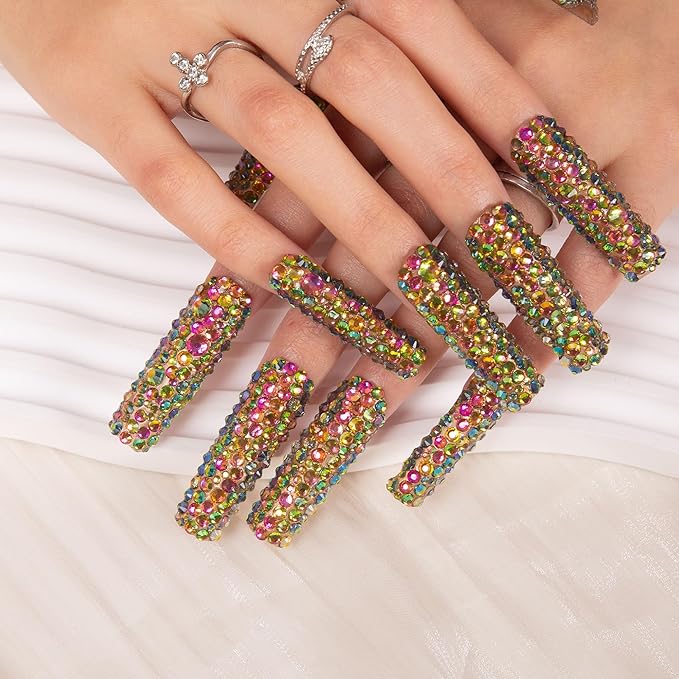 LOVFUL Press on Nails Classic Radiant Rhinestone| Handmade with Full Covered Crystals| Reusable Fake Nails| Square Mid length 1.7in| H149-S