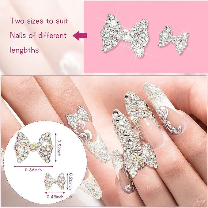 Maitys 24 Pieces Nail Bows Charms Rhinestones 3D Charms Alloy Pearl Bow Knot Accessory for Valentine's Day Women DIY Xmas Salon Jewelry Craft(Silver, Laser)