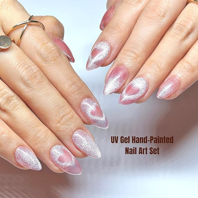 Press On Nails Short Almond Cat Eye Jelly Pink|The Heart will Sparkle as You Move.Reusable Soft Gel Nails in 15 Sizes -30 Nail Kit with Glue|Designed in L.A, Handmade in Vietnam| Whisper Heart