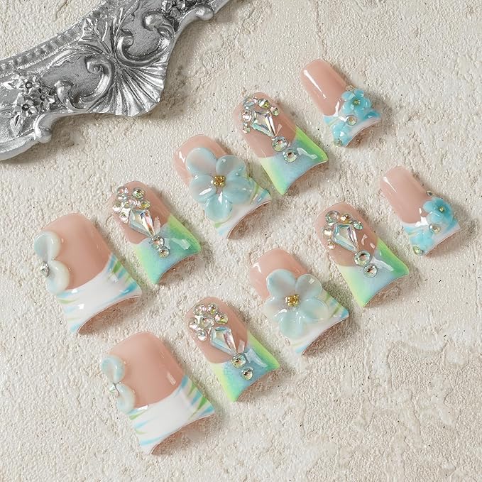 Luxury Press On Nails Handmade Short Duck Nails, Mint Green Ombre French with 3D Floral Charms, Bling Crystal False Nails, Glossy Art Designs Reusable Acrylic (Misty Blue Floral Glitz,M)