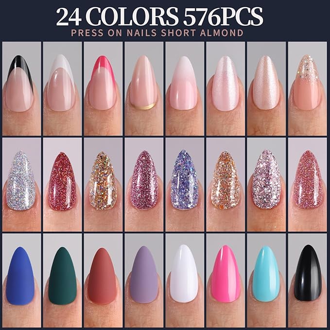 FANDAMEI Press on Nails, 24 Colors 576PCS Press on Nails Almond, Matte Glossy Fake Nails Short Almond, Glitter Fake Nails, Press on Nails French Tip Natural for Nail Art