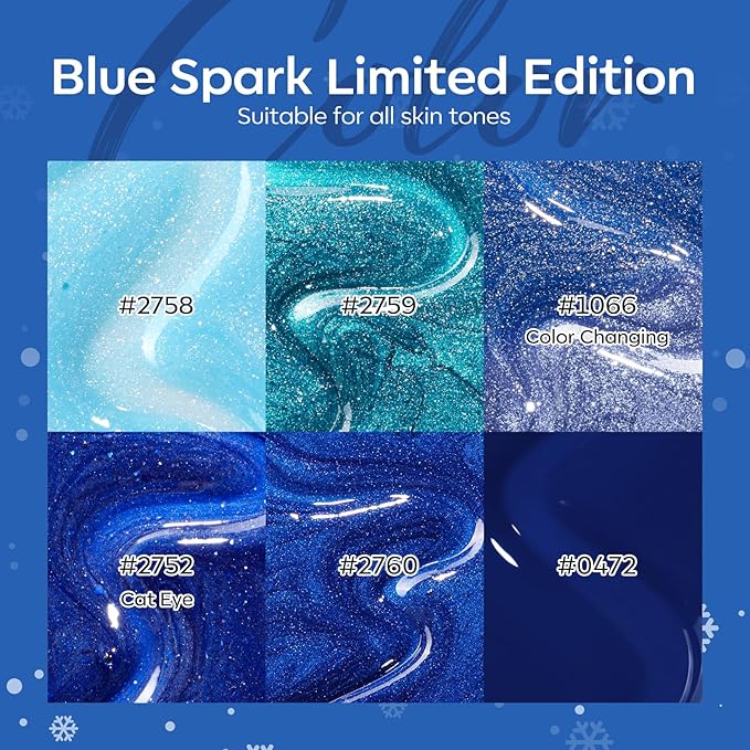 modelones Blue Gel Nail Polish Set, 6 Colors Cat Eye Glitter Color Changing Chameleon Gel Polish Kit with Magnet Snow Stickers Soak Off Led Nail Art Manicure Salon DIY Holiday Gifts