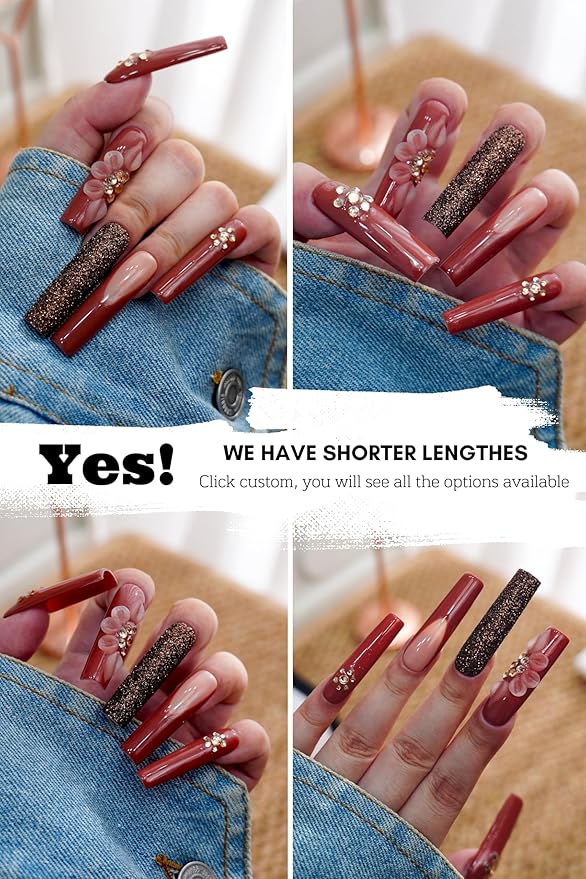Euphrosyne Press On Nails Long Coffin – 3D Flower & Glitter Burgundy Fake Nails with Rhinestones, Reusable Handmade Luxury Acrylic Nails for Women, Glam Party Nail Tips