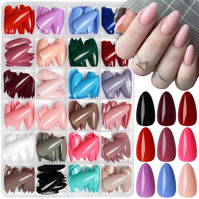 AddFavor 576pcs Almond Press on Nails Medium Fake Nails Full Cover Glossy Medium Long Length Nails Press on Acrylic False Nail Tips 24 Colors for Women