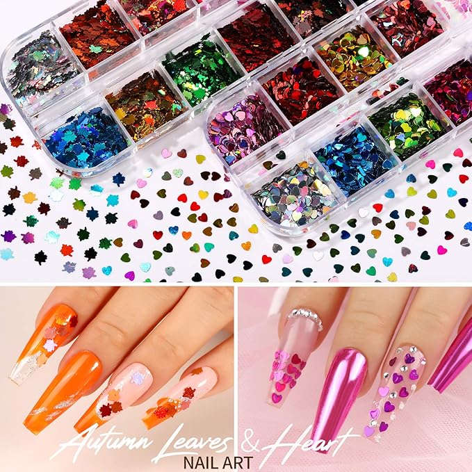 Teenitor 12 Sheets Nail Art Sticker 3D Self-Adhesive, Nail Art Decoration with 5 Boxes Holographic Glitter Flakes Butterfly Heart Star Maple Leaf Nail Sequins and Flower Slices
