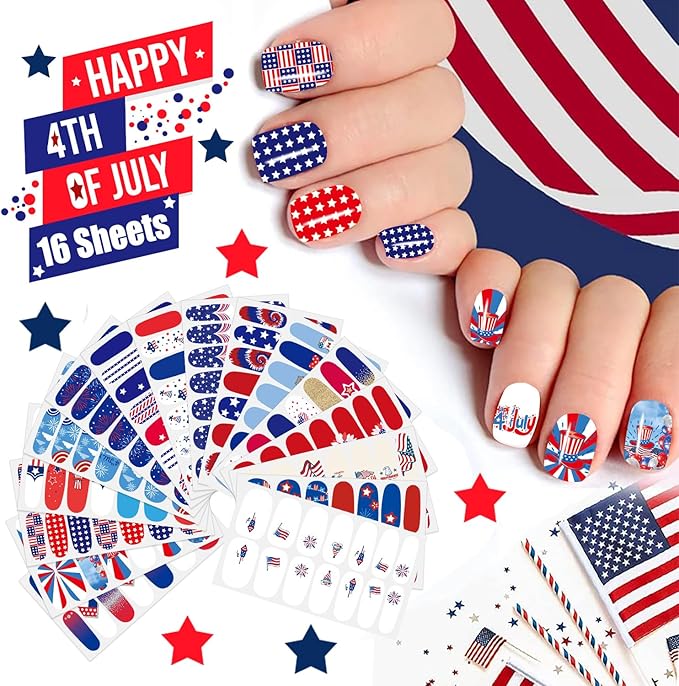 JERCLITY 224 Pieces 16 Sheets 4th of July Nail Wraps for Women Independence Day Polish Strips Patriotic American Flag Self-Adhesive Stickers With File for Memorial Day