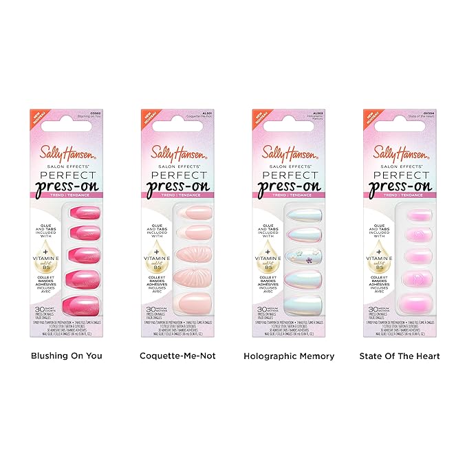 Sally Hansen Salon Effects Perfect Press-On Pink Nails | Coffin Shape, 3D Design | Easy to Apply, Non-Damaging, Vitamin E & B5 | 30 Nails, Nail Glue, Adhesive Tabs, File| Coquette-Me-Not