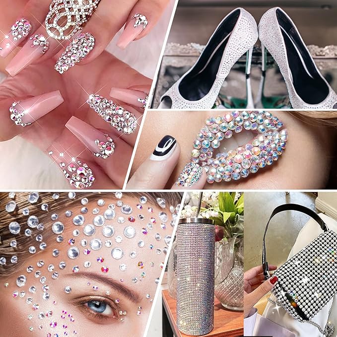 Canvalite Rhinestones 2784PCS in 6 Sizes Flat Back Gems, Crystal AB Art Gems with 5Pcs Jewelry Glue, Pick Up Tweezers and Picker Dotting Pen for Nails, Makeup, Stocking Stuffers Gifts for Women