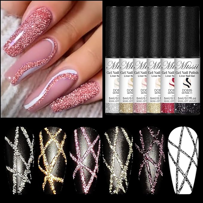 MTSSII Reflective Glitter Liner Nail Gel With Thin Nail Art Brush In Bottle, Sparkly Golden Silvery Nail Art Polish, Painting Liner Gel Polish for Swirl Nails Cyber Punk French Acrylic Nail