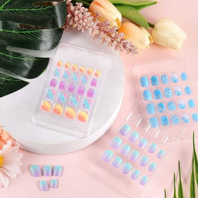 Laza 64pcs Children Nails Press On Pre-glue Full Cover Rainbow Gradient Silver Glitter Diamond Short False Nail Kits for Kids Teenager Girls - Colorful Stars