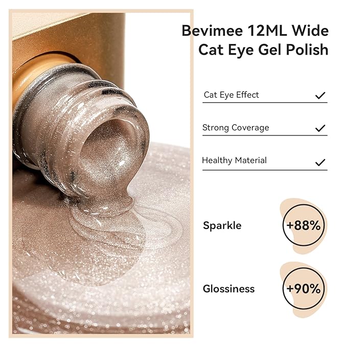 Cat Eye Gel Nail Polish, Glitter Magnetic Gel Polish Shimmer Champagne Gold Cat Eye Nails With Magnet Stick, Holographic Cateye Effect, UV Velvet Nail Art Manicure Salon DIY Home, 12ML