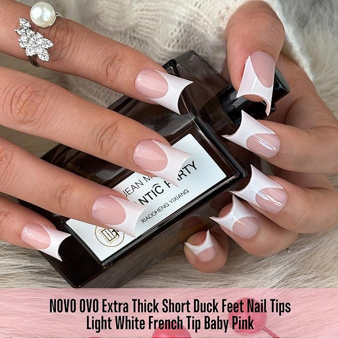 NOVO OVO Extra Thick Duck Nails Short with Moon Curve Light White French Tips BABY PINK Full Cover for Press on Acrylic, Flare Wide French Soft Gel Fake False Nail Extension x 15 Sizes 240 pcs