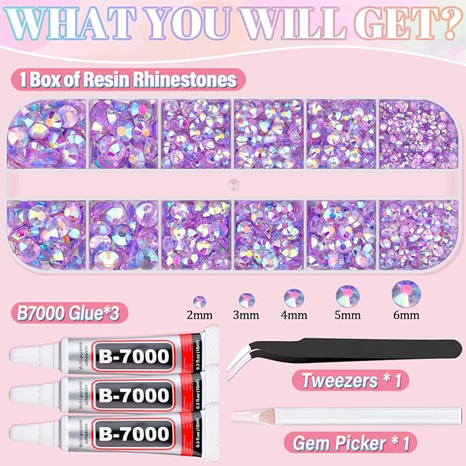 Resin Rhinestones for Crafting with 3Pcs 10ml B7000 Jewelry Glue, 1 Box Transparent Lavender Purple AB Flatback Gems Crystals Diamond for Bedazzling Crafts DIY Nail Art Makeup, Gems for Clothing