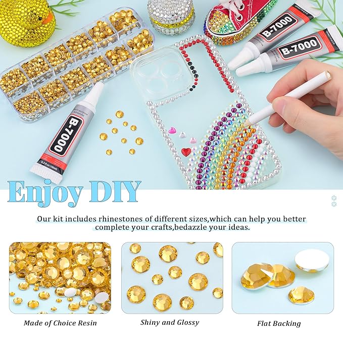 12000Pcs Resin Rhinestones for Bedazzling with 3Pcs B7000 Jewelry Glue, 2 Boxes Golden Flatback Rhinestones for Crafting Crafts DIY, Crystals Gems for Clothing Shoes Tumblers Nail Art Makeup