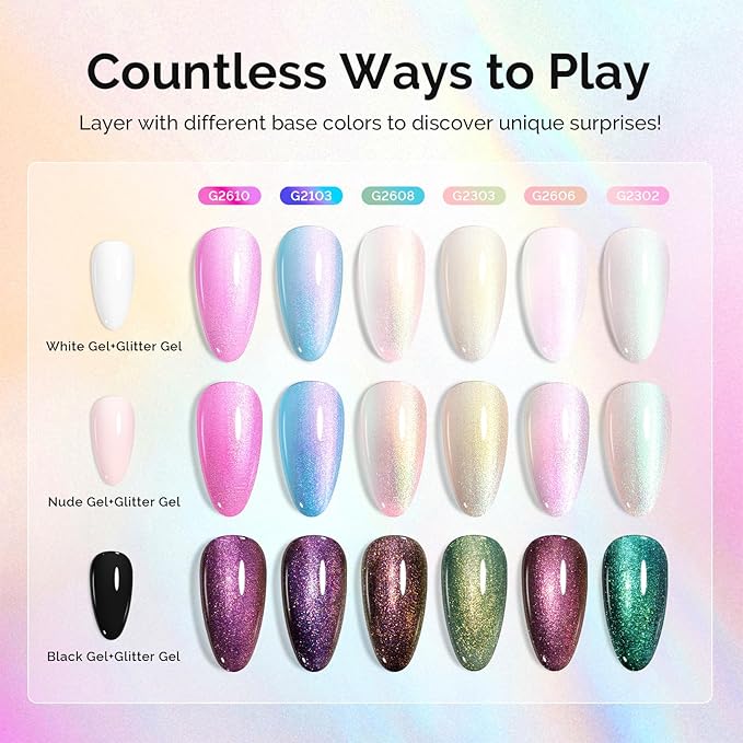MelodySusie 7.5ML Glitter Gel Nail Polish Set, 6 Colors Aurora White Sparkle Gel Polish Kit Aurora Blue Pink Shimmer Gel Polish Gifts for Women Nail Art Manicure Salon DIY Nail Design at Home