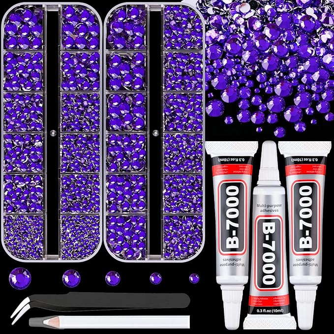 Resin Rhinestones for Crafting with B7000 Jewelry Glue, 2 Boxes Blue Purple Flatback Crystals with 3Pcs 10ml Glue for Bedazzling Crafts Nail Art Makeup，Non Hotfix Gems for Clothing Shoes