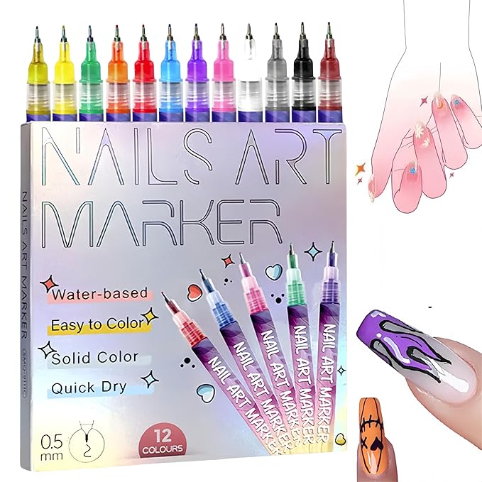 Nail Art Markers for Gel Nails,12 Colors Nail Art Pens Set DIY Nail Art Marker Drawing Painting 3D Nail Polish Pens, Quick Dry Graffiti Dotting Point Liner Pens for DIY Nail Art (12 Pcs)