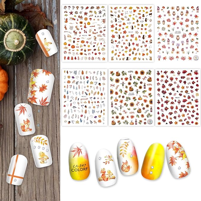 Whaline 18 Sheets Fall Nail Art Stickers Thanksgiving Maple Leaves Pumpkin Nail Stickers Christmas Snowflake Snowman Santa Claus Autumn Self-Adhesive Nail Decals for DIY Manicure Party Decor