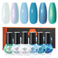 modelones Blue Nail Polish Set, 6 Colors Spring Summer White Green Glitter Pearl Mermaid Quick Dry Mini Starter Kit, Long Lasting Art DIY Manicure Set at Home for Women Girls