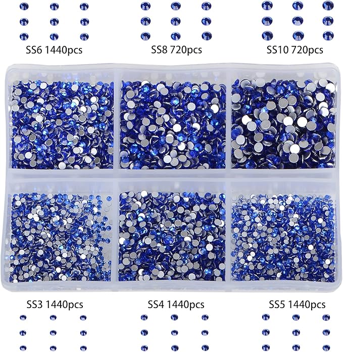 Bymitel 7200 Pieces 6 Mixed Sizes Glue Fix on Glass Rhinestones Round Crystal Gems Flatback for DIY Jewelry Making with one Picking Pen (6-Sizes 7200PCS, Sapphire)