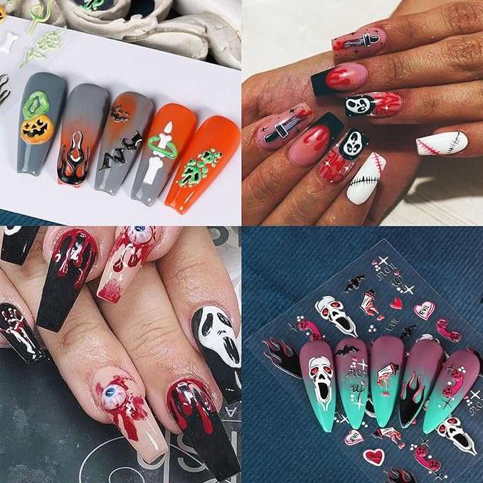 Attractive Designs Halloween Nail Stickers, 5D Embossed Self Adhesive Art Decals,Skull Ghost Spider Webs Pumpkin Bloody Eyes Bat Perfect for DIY Nails Halloween-Themed Party Gift