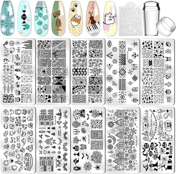 Biutee Nail Stamping Kit with Clear Stamper & Scraper, 10pcs Nail Art Stamping Plates + 8 Colors Stamping Gel Polish, Flower Animal Geometric Nail Art Tools for Beginners