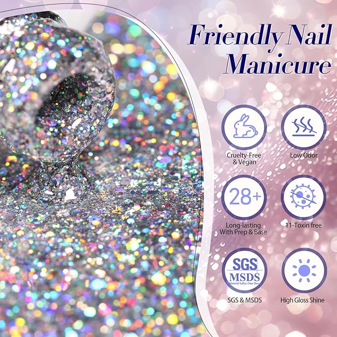 Born Pretty Glitter Gel Nail Polish Set Sparkly Shiny Gold Silver Pink Glitter Gel Polish Kit Soak Off U V Nail Gel Gift Box Nail Art Manicure Varnish Kit 7ML 6PCS