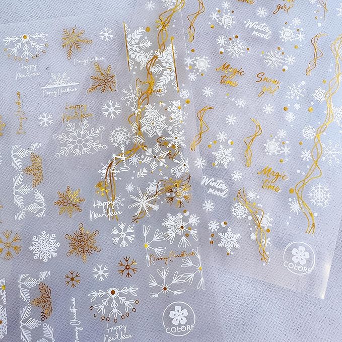 9 Sheets Christmas Snowflake Nail Stickers, Gold White 3D Self-Adhesive Winter Nail Art Decals for Women Girls Xmas Snow Sparkle Manicure Decorations