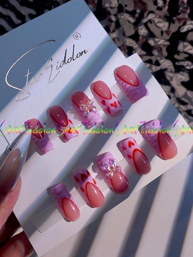 HAND-PAINTED White Press Ons Neon Small Press on Nails Long French Press on Nails Coffin Medium Short Nail art Fake Nail Art Kit with 7g Glue on Nails Handmade Almond Square Nails (TJ56, Large)