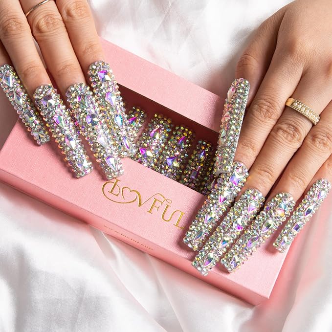 LOVFUL Press on Nails Eternal Stunning | Handmade with Full Covered Crystals | Reusable Fake Nails | Square | H46-M, pink