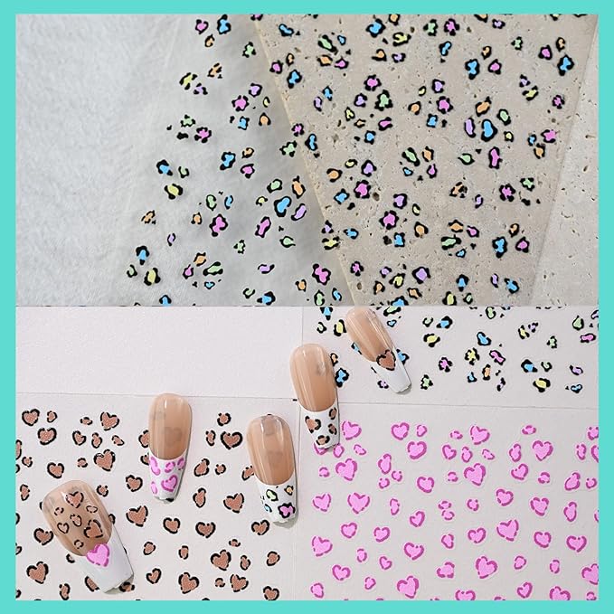 Leopard Print Nail Art Stickers, Colorful Heart Thin Nail Decals, Self-Adhesive, Nail Accessories for Women, Nail Decorations 3 Sheets