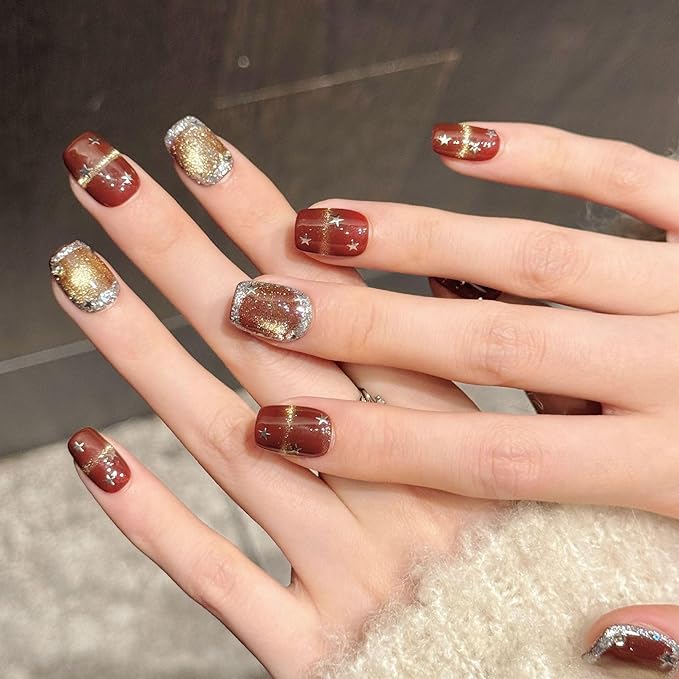 Short Square Press on Nails - Handmade Manicure Art Reusable False Nails 10pcs with Solid Nail Glue, Nail Adhesive Tabs, Strong Nail Glue (3357-Medium)