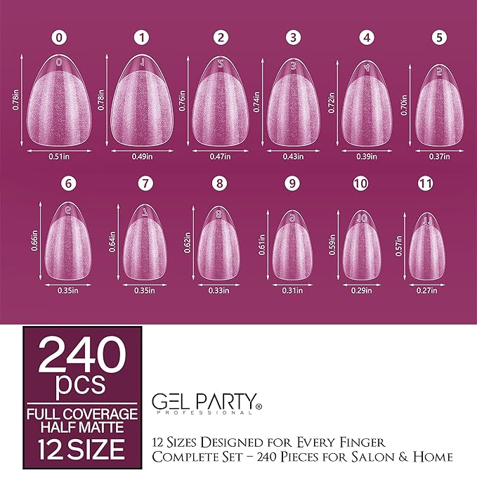 GELPARTY Soft Gel Nail Tips Short Almond - 240Pcs Pre-Buffed Matte Full Cover Tips - Natural Look, No Filing Needed, Soak Off Gel Extension System - Clear False Nails (12 Sizes)