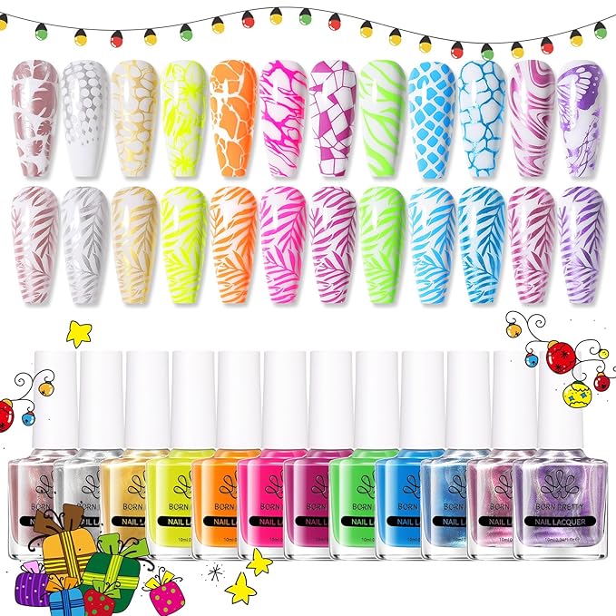 Born Pretty Nail Stamping Polish, 12 Colors Neon Metallic Effect Fingernail Stamp Polish Set Manicure Print Nail Polish for Stamping Plates Bulk Gift Collection 10ml 0.34fl oz Ideal Gifts