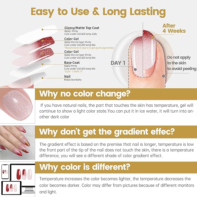 YTD Likomey Color Changing Gel Nail Polish,15ml Light Pink To Red Glitter Mood Temperature Change Colors Ombre Thermal Salon Home Manicure Fall Winter UV Nails Varnish,WB212