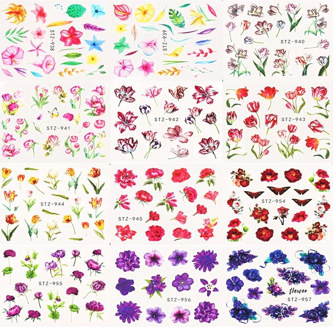 24 Sheets Flowers Nail Art Stickers, Water Transfer Decals Holographic Flower Butterfly Leaf Designs for Women Girls Manicure Charms Decoration