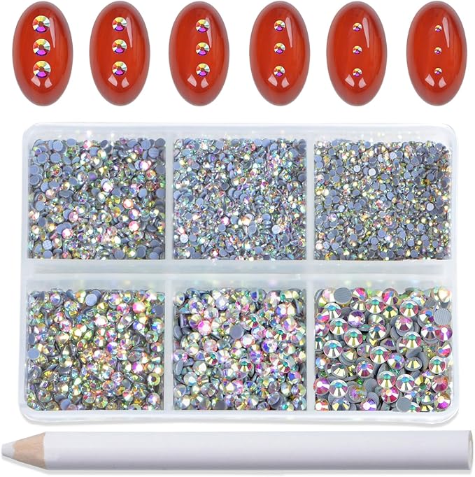 Bymitel Hotfix Crystal Rhinestones Round Gems for Crafts,Mixed 6 Sizes with Wax Pencil Kit, Crystal AB 1.3-3.2mm (SS3-SS12/8000pcs)