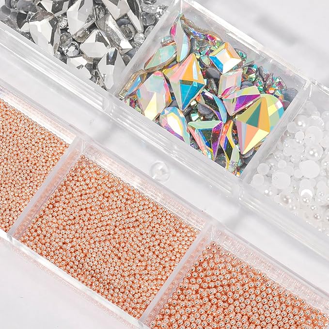 HNUIX 3D Nail Art Charms Rose Gold Nail Micro Caviar Beads Rhinestones for Acrylic Nails Mix Size Multishape AB Nail Rhinestones Nail Crystal Studs Flatback Pearl Kit for Nail DIY Craft Decoration