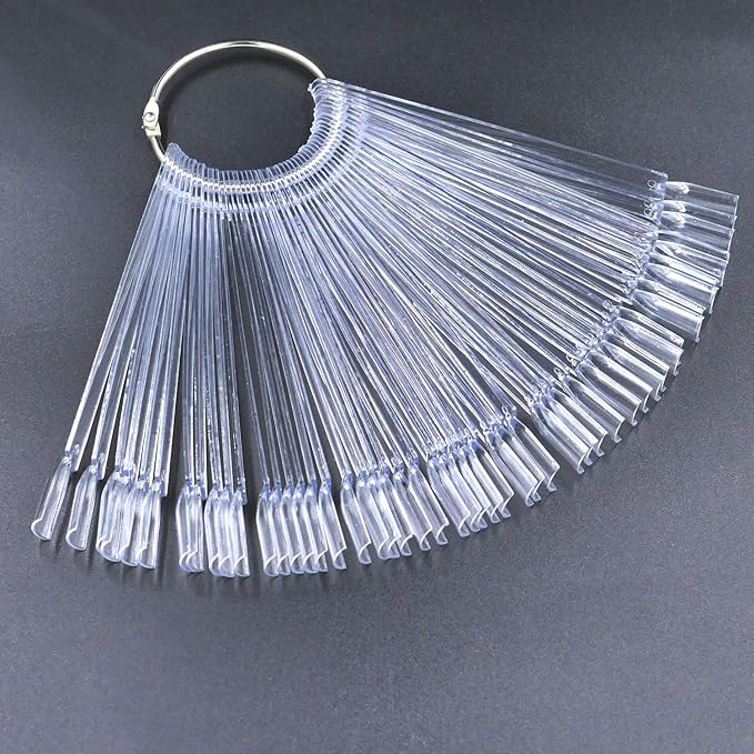 Set of 4 Total 200 Pcs Clear Nail Swatches Sticks, Transparent Fan-shaped Nail Art Tips Display Polish Board Display Practice Sticks Tool with Metal Split Ring Holder