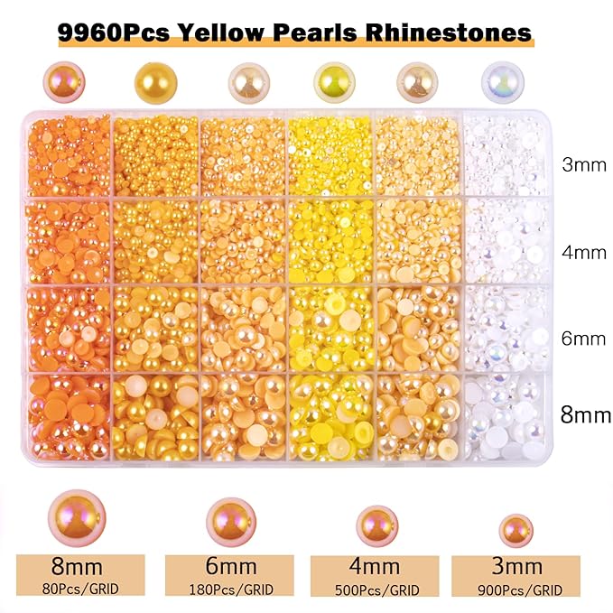 9960pcs Yellow Pearls Rhinestones, Flatback Half Pearls for Crafts Tumblers Shoes Nails Face Art, Assorted Sizes 3/4/6/8mm