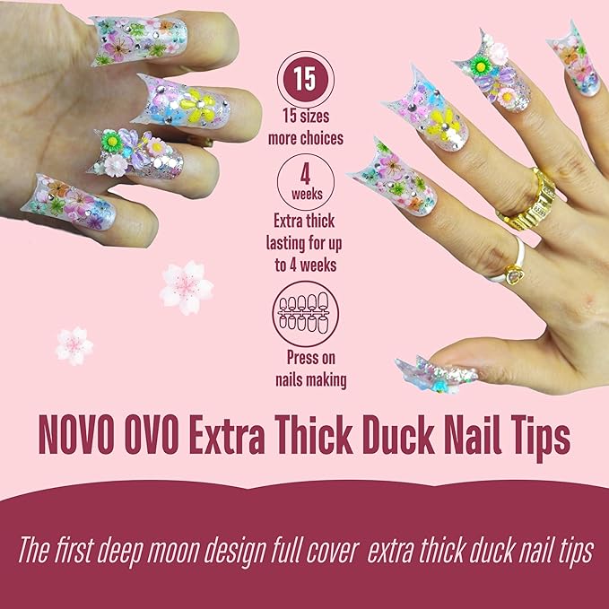 NOVO OVO Halloween Extra Thick Duck Feet Nail Tips Full Cover for Press on Acrylic with Moon Curve, Medim Long Clear Pre-Etched Matte Flare Wide French Soft Gel False Nail Extension x 15 Sizes 150 pcs