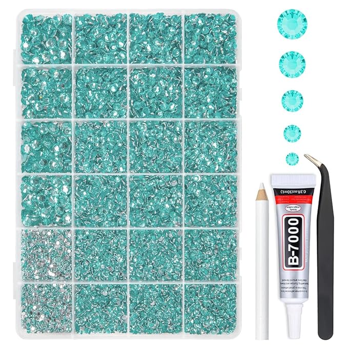 Aquamarine Resin Rhinestones w B7000 Glue for Bedazzling Crafting 2mm-6mm Lake Blue Flatback Stones Diamonds Crystals Gems Bedazzler Kit for Nails Face Eyes Makeup Tumblers Bottles Crafts Shoes