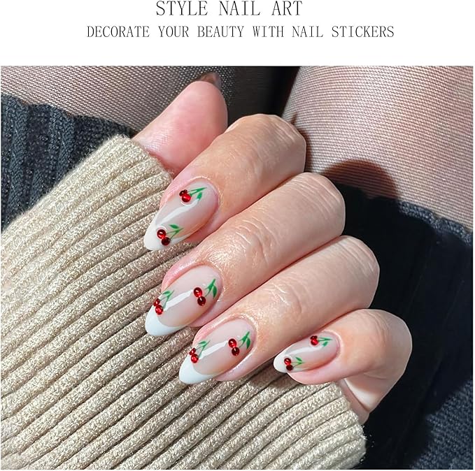 JMEOWIO Gel Nail Stickers Cherry French Tip Semi Cured Gel Nail Strips Wraps UV/LED Nails Art Design Decoration Accessories