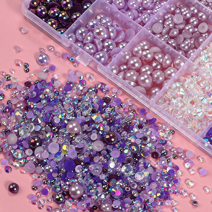 22000 Pcs Purple Flatback Pearls and Rhinestones Bedazzling Kit, Resin Rhinestones Gems for Crafting, Mixed Size Half Pearls Gems for Nails Face Eyes Makeup Bottles Shoes DIY Crafts