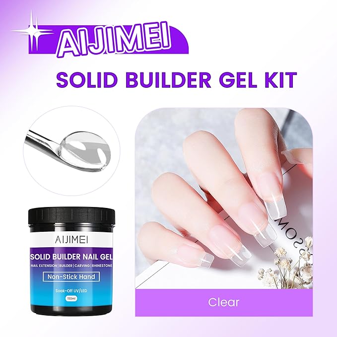 AIJIMEI 150ml Solid Builder Hard Gel for Nails Extension Nail Thickening Solution Solid Nail Builder Gel No Stick Hand 3D Sculpture Carving for Nail Art Design (Clear, 150ml/5Fl.oz)