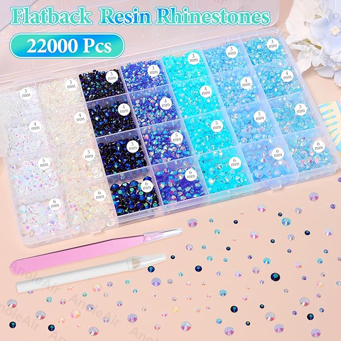22000Pcs Blue Rhinestones for Bedazzling, Jelly Bedazzling Resin Gems 3-5mm, Blue White Gems Bedazzling Kit for Crafting, Flatback Color Light Blue AB Gems for Nails Face Makeup Tumblers