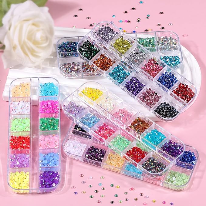 5 Boxes 7200pcs Sparkling Crystal Nail Rhinestones Pearls Kit, Flatback Multicolor Transparent Jelly AB Mermaid Gems with Pick Up Pen and Curved Tweezers for Manicure Salon & Craft DIY Designs (3mm)