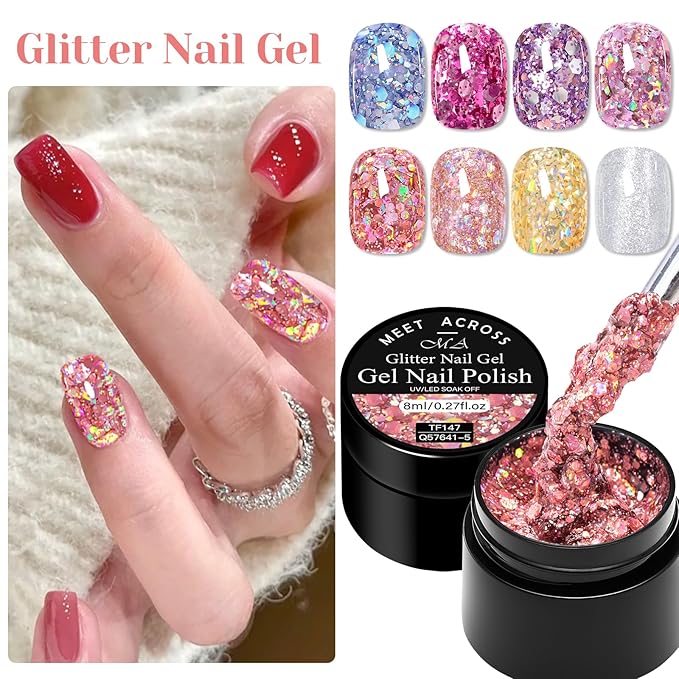 MEET ACROSS 9Pcs Glitter Gel Nail Polish Set with 1Pc Nail Brush, Sparkle Pink Purple Blue Broken Gold Flash Gel Polish Kit, UV LED Soak Off Manicure Gift for Women 8 Colors